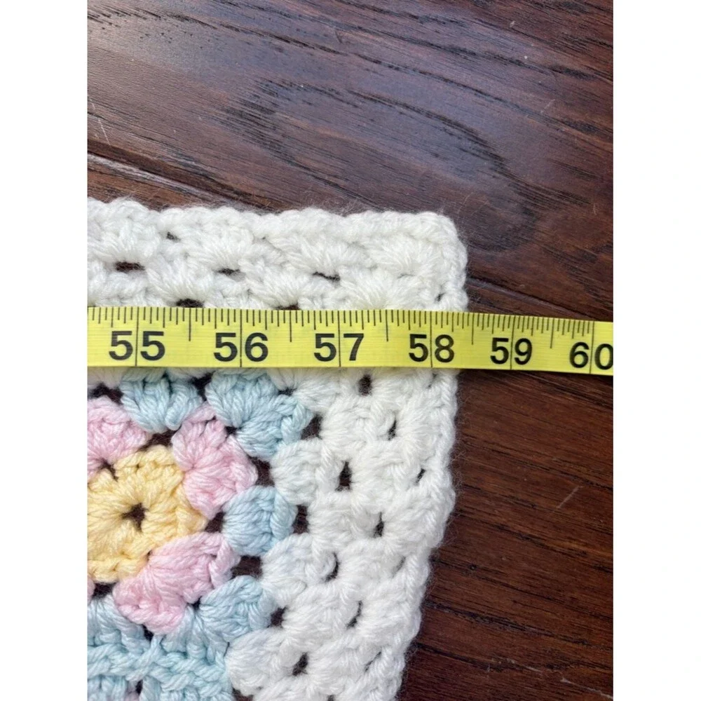 Vintage Crochet Granny Square Blanket Pastel Floral Throw 58x42